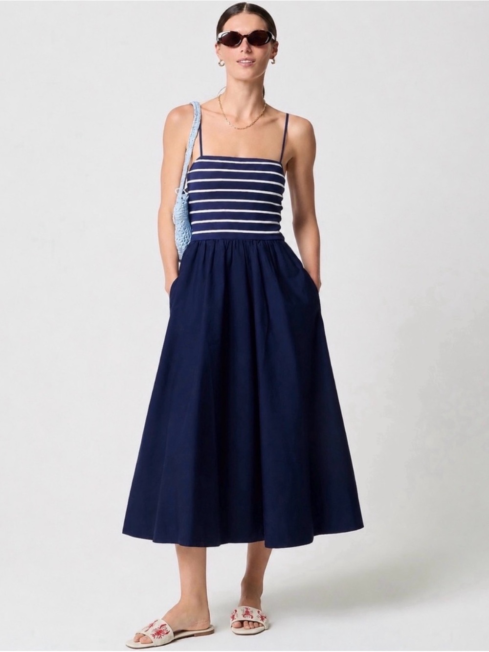 NWT J.Crew Factory Mixed-Media Midi Dress XS Navy Stripe Cotton Resortwear